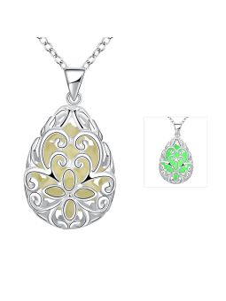 Collier Ovale à Fleur Vert Clair Fluorescent - Plaqué Argent