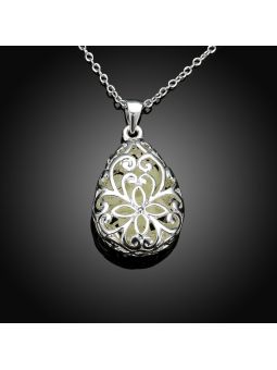 Collier Ovale à Fleur Vert Clair Fluorescent - Plaqué Argent