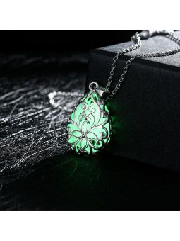Collier Ovale à Fleur Vert Clair Fluorescent - Plaqué Argent