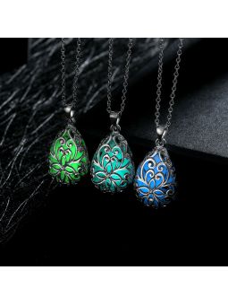 Collier Ovale à Fleur Vert Clair Fluorescent - Plaqué Argent