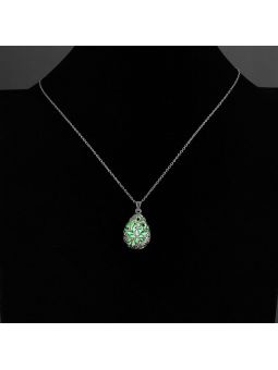 Collier Ovale à Fleur Vert Clair Fluorescent - Plaqué Argent