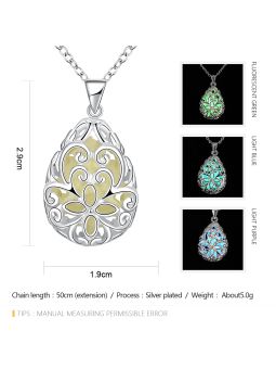 Collier Ovale à Fleur Vert Clair Fluorescent - Plaqué Argent