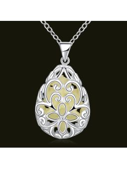 Collier Ovale à Fleur Vert Clair Fluorescent - Plaqué Argent