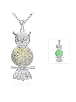 Collier Hibou à la Pierre Vert Clair Ronde Fluorescent - Plaqué Argent