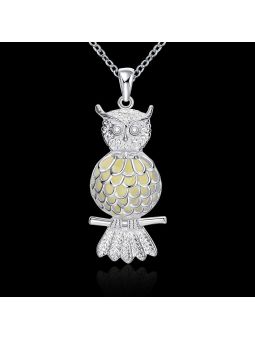 Collier Hibou à la Pierre Vert Clair Ronde Fluorescent - Plaqué Argent