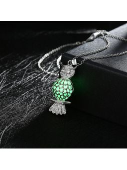 Collier Hibou à la Pierre Vert Clair Ronde Fluorescent - Plaqué Argent