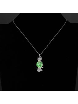 Collier Hibou à la Pierre Vert Clair Ronde Fluorescent - Plaqué Argent