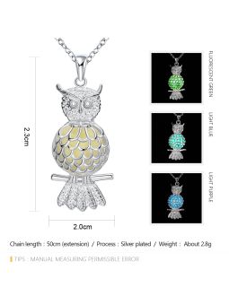Collier Hibou à la Pierre Vert Clair Ronde Fluorescent - Plaqué Argent
