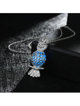 Collier Hibou à la Pierre Bleu Foncé Ronde Fluorescent- Plaqué Argent