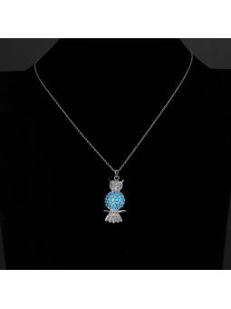 Collier Hibou à la Pierre Bleu Foncé Ronde Fluorescent- Plaqué Argent