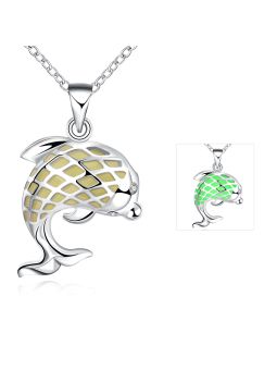 Collier Dauphin à la Pierre Vert Clair Ronde Fluorescent - Plaqué Argent