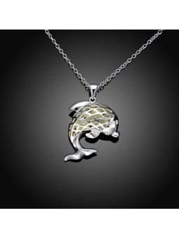 Collier Dauphin à la Pierre Vert Clair Ronde Fluorescent - Plaqué Argent