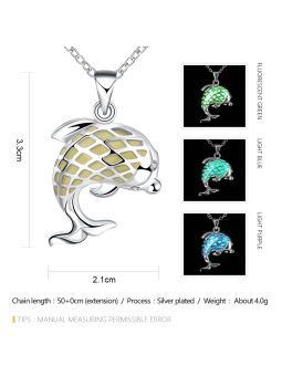 Collier Dauphin à la Pierre Vert Clair Ronde Fluorescent - Plaqué Argent
