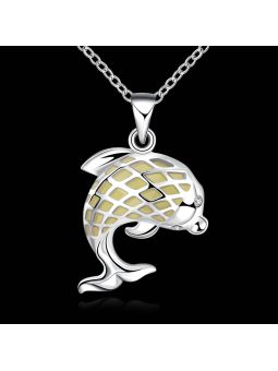 Collier Dauphin à la Pierre Vert Clair Ronde Fluorescent - Plaqué Argent
