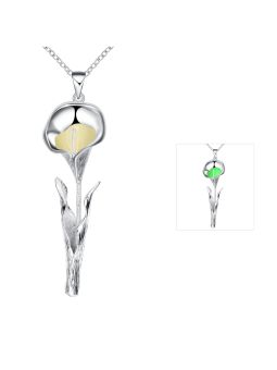 Collier Fleur à la Pierre Vert Clair Ronde Fluorescent - Plaqué Argent