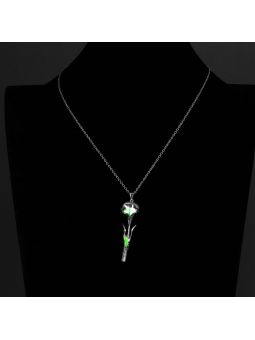 Collier Fleur à la Pierre Vert Clair Ronde Fluorescent - Plaqué Argent