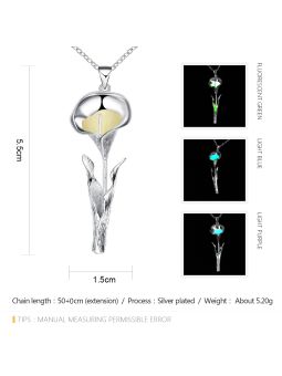 Collier Fleur à la Pierre Vert Clair Ronde Fluorescent - Plaqué Argent