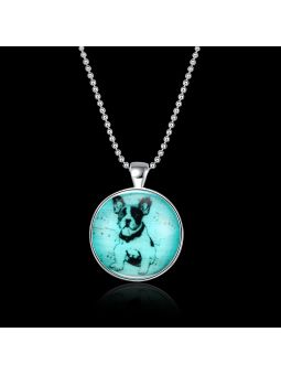 Collier Chien à la Pierre Fluorescente Bleu Claire - Plaqué Argent