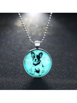 Collier Chien à la Pierre Fluorescente Bleu Claire - Plaqué Argent