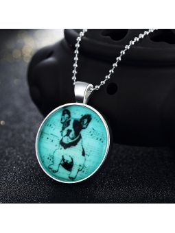 Collier Chien à la Pierre Fluorescente Bleu Claire - Plaqué Argent