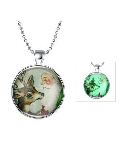 Collier Père Noël et Renne à la Pierre Fluorescente Verte Claire  - Plaqué Argent