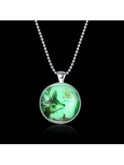 Collier Père Noël et Renne à la Pierre Fluorescente Verte Claire  - Plaqué Argent
