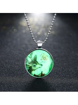 Collier Père Noël et Renne à la Pierre Fluorescente Verte Claire  - Plaqué Argent