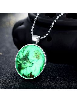 Collier Père Noël et Renne à la Pierre Fluorescente Verte Claire  - Plaqué Argent