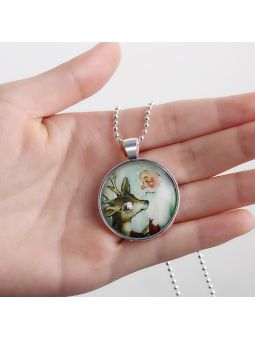 Collier Père Noël et Renne à la Pierre Fluorescente Verte Claire  - Plaqué Argent