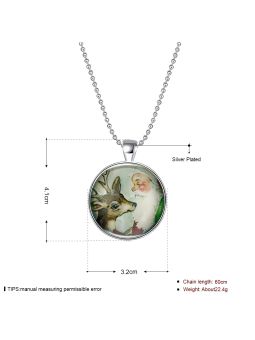 Collier Père Noël et Renne à la Pierre Fluorescente Verte Claire  - Plaqué Argent
