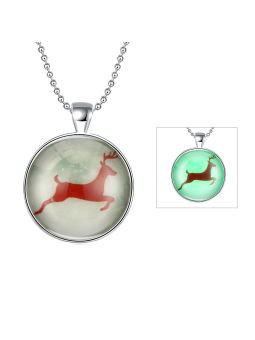 Collier Renne de Noël à la Pierre Fluorescente Verte Claire - Plaqué Argent