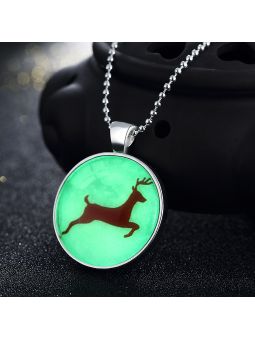 Collier Renne de Noël à la Pierre Fluorescente Verte Claire - Plaqué Argent
