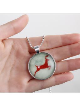 Collier Renne de Noël à la Pierre Fluorescente Verte Claire - Plaqué Argent