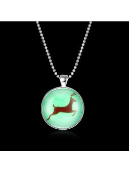 Collier Renne de Noël à la Pierre Fluorescente Verte Claire - Plaqué Argent