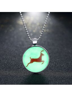 Collier Renne de Noël à la Pierre Fluorescente Verte Claire - Plaqué Argent