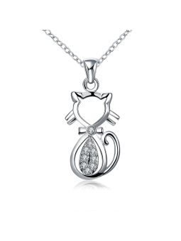 Collier Chat au Coeur Brillant -  Plaqué Argent