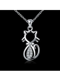 Collier Chat au Coeur Brillant -  Plaqué Argent