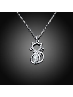 Collier Chat au Coeur Brillant -  Plaqué Argent