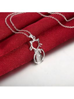Collier Chat au Coeur Brillant -  Plaqué Argent