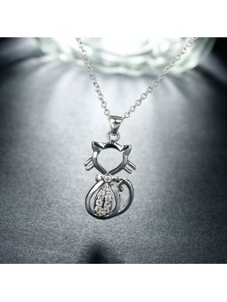 Collier Chat au Coeur Brillant -  Plaqué Argent