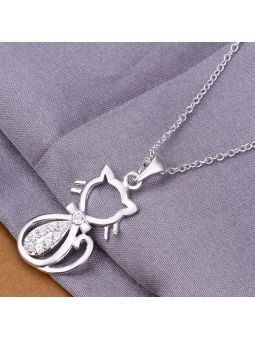 Collier Chat au Coeur Brillant -  Plaqué Argent