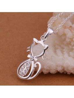 Collier Chat au Coeur Brillant -  Plaqué Argent