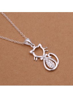 Collier Chat au Coeur Brillant -  Plaqué Argent