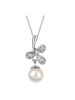 Collier Fleur en Pierres avec Perle - Plaqué Platine