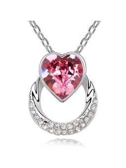 Collier anneau torsadé avec un grand et gros coeur rose sur le dessus en cristal autrichien - Plaqué Platine 