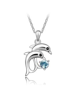 Collier Double Dauphins avec Pierre Bleu - Plaqué Platine