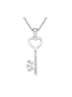 Collier Clef à Coeur et Couronne  avec Pierre - Plaqué Platine