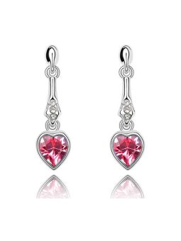 Boucles d'Oreilles Pendantes avec Cristal Autrichien Rose en Forme de Cœur, Plaquées Platine - Romantisme Éternel et Éclat Luxue