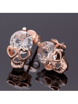 Boucles d'Oreilles Tête de Mort Plaquées Or Rose avec Cristaux Autrichiens