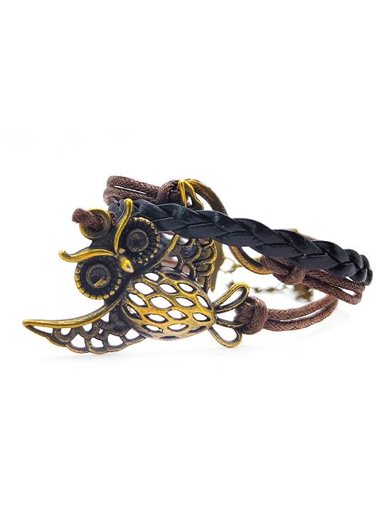 Bracelet en Simili Cuir Tressé Marron Noir  avec Charms : Signe Infini, Hibou